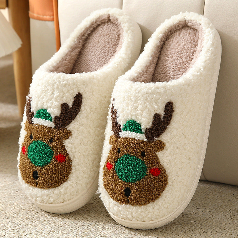 New Christmas elk cotton slippers for men and women cute non-slip couple indoor plush cotton shoes