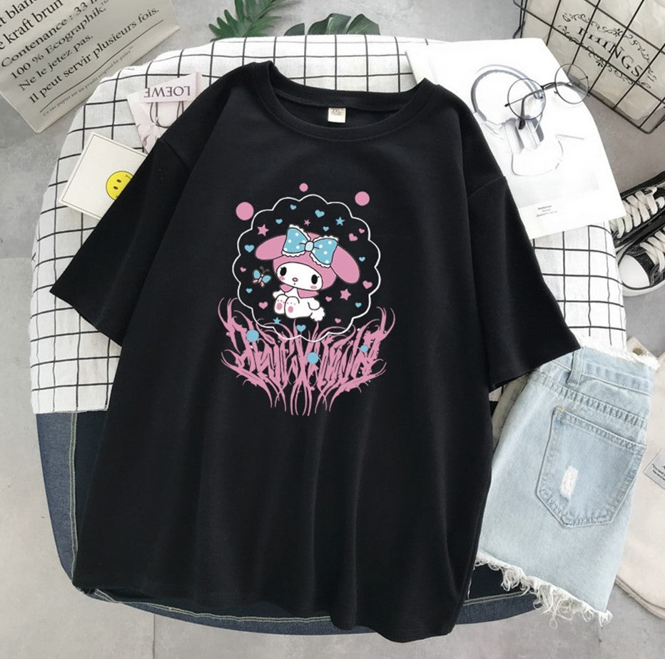 Harajuku cartoon gothic print short-sleeved T-shirt female summer street o neck sweet girl t-shirt