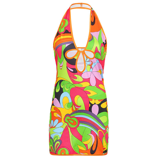 European and American color abstract print dress sexy V-neck hollow waist sleeveless halter skirt female bag hip skirt