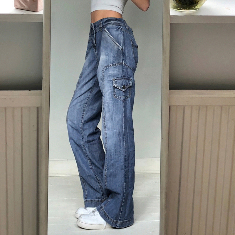 European and American new temperament commuter high waist and thin straight jeans fashion design stitching multi-pocket trousers