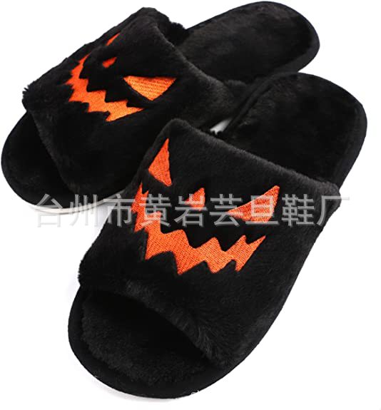 Slippers Women's Halloween Pumpkin Lantern Slippers Soft Plush Comfort Open Toe Outer Wear Plush Slippers