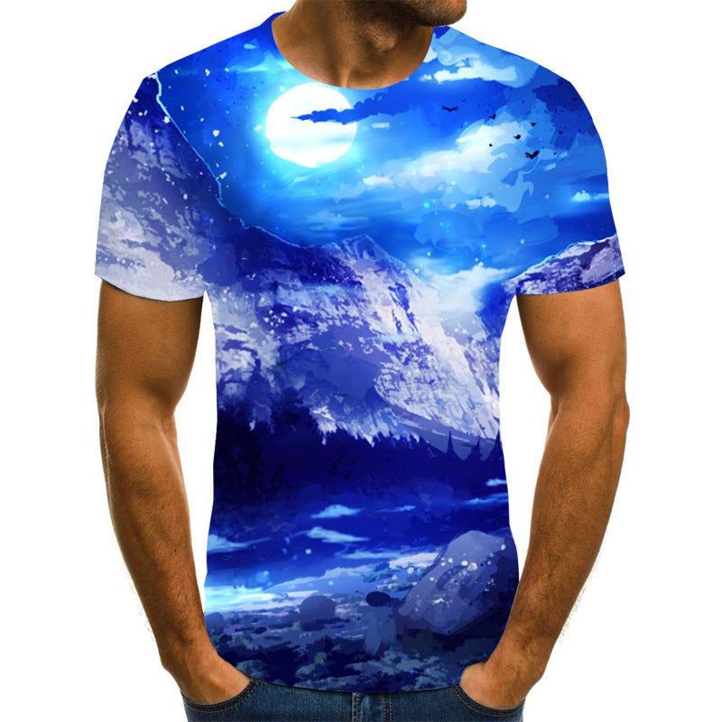 European and American cross-border new couple printing T-shirts, beautiful scenery 3D digital printing men's short sleeves