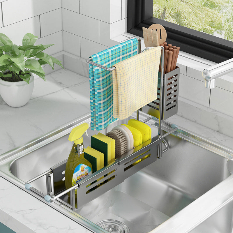 Kitchen stainless steel rag rack multi-purpose sink drain storage towel faucet retractable sink rack