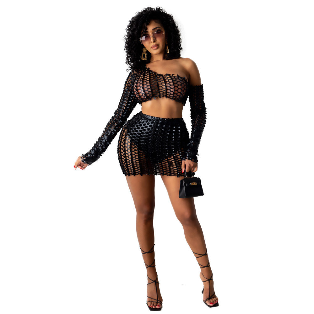 European and American women's suit summer new style hollow sexy nightclub two-piece short skirt