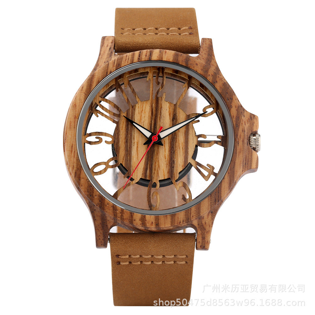 New fashion zebra walnut hollow transparent wooden watch, men's quartz casual watch