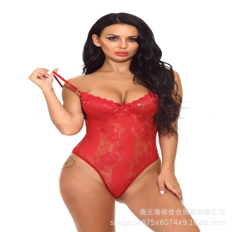 Trade erotic lingerie hollow body tight one-piece sexy backless temptation lace perspective halter pajamas