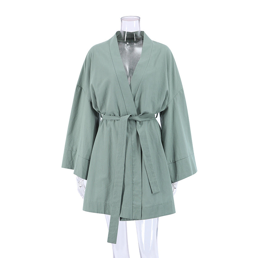 Cotton and linen simple strapping waist dressing gown pajamas women's  fashion bathrobe thin nightgown