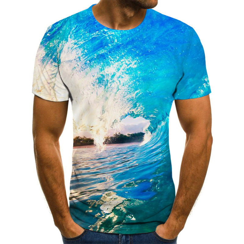 European and American cross-border new couple printing T-shirts, beautiful scenery 3D digital printing men's short sleeves