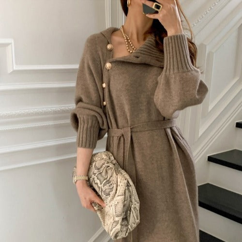 Japanese and Korean lace-up waist knitted dress loose and thin all-match turtleneck long sweater