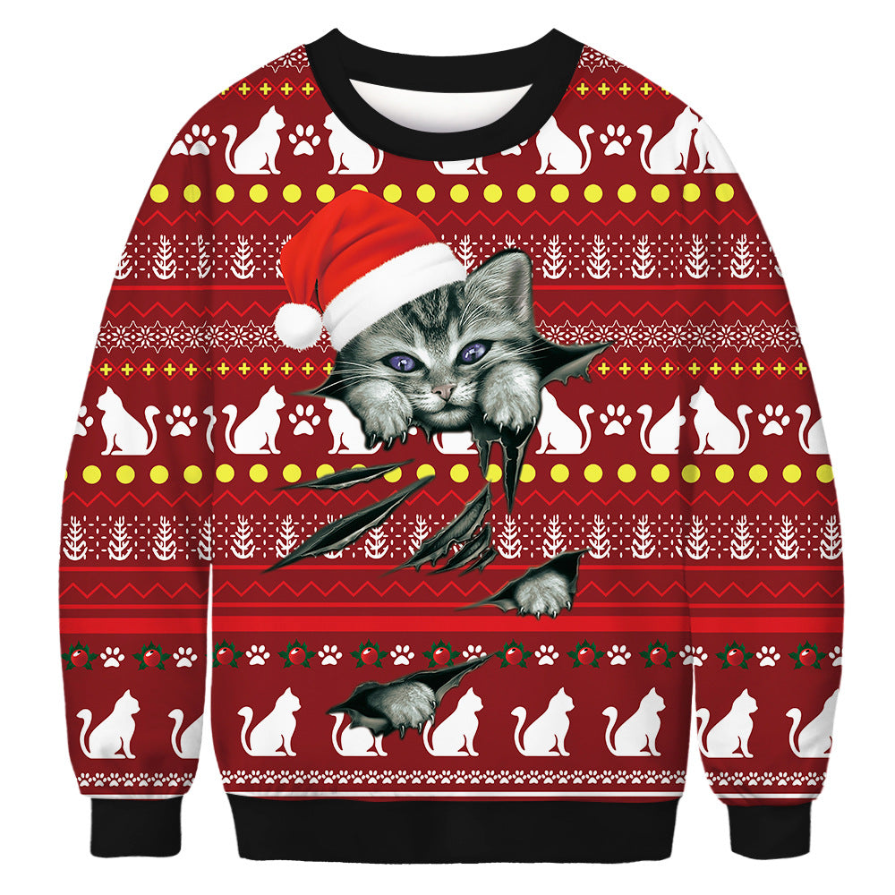 New cat Christmas digital printing couple dress round neck pullover long sleeve casual sweater