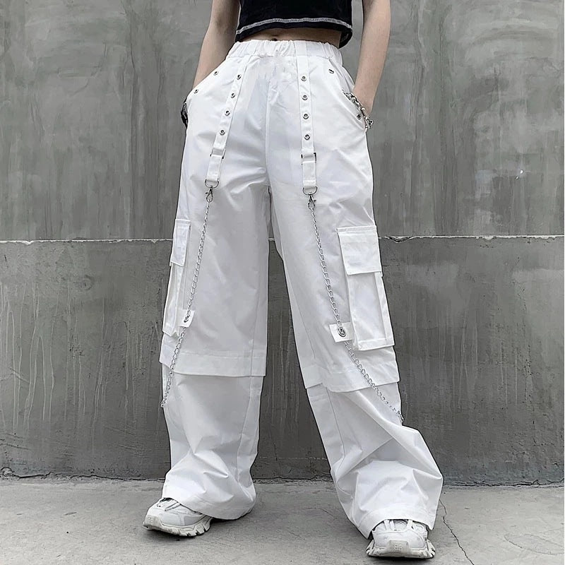 European and American white overalls women's thin mopping wide-leg pants plus size summer punk metal chain hip hop