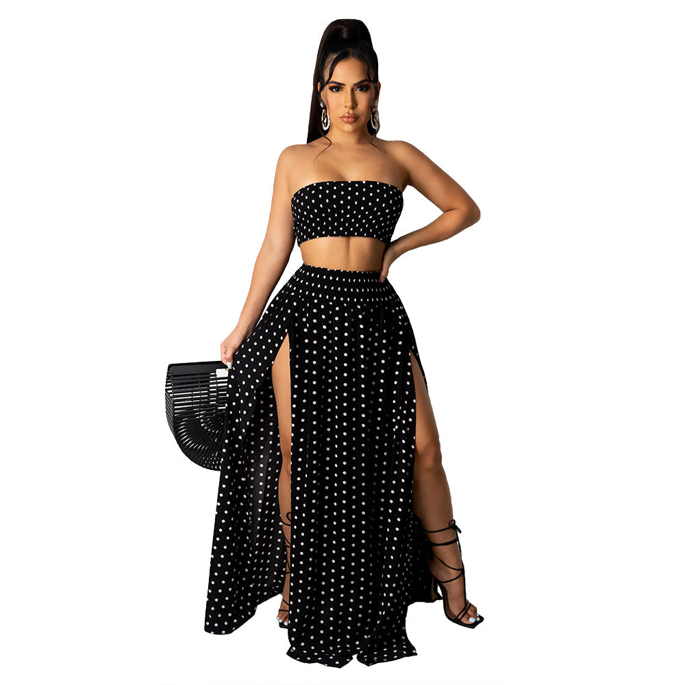 European and American sexy women's polka dot tube top print ladies slim long skirt set