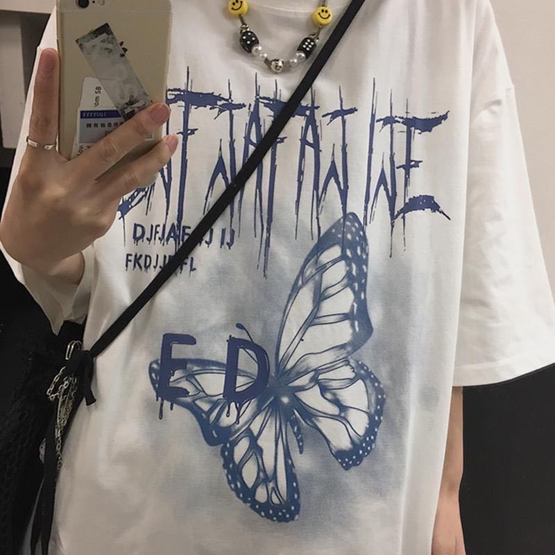 Dark hip-hop street butterfly cloud print student loose short-sleeved t-shirt men and women tops