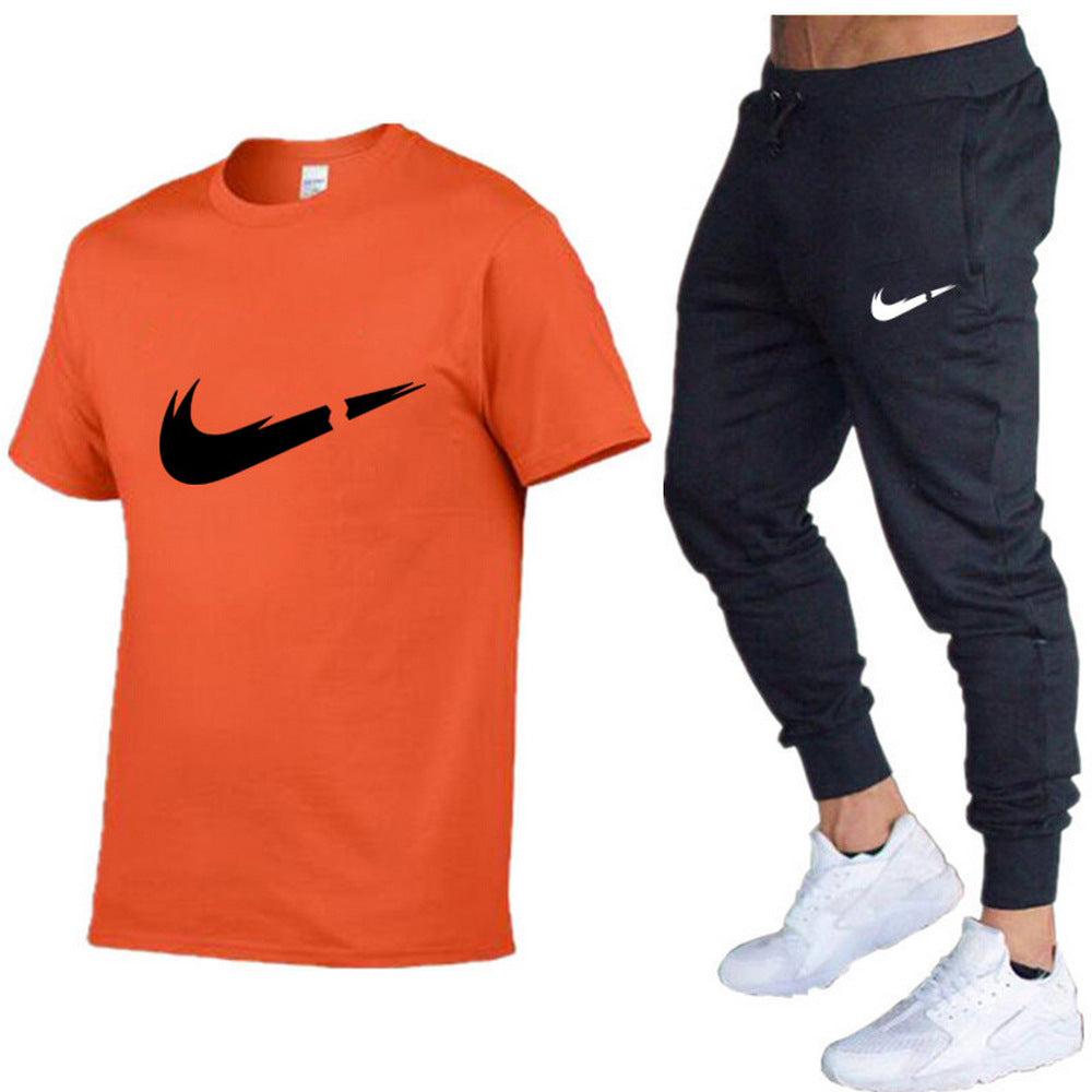 European and American men's running casual short-sleeved T-shirt + sports trousers two-piece jogging suit